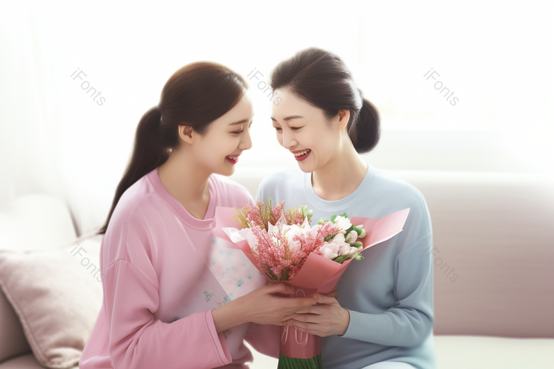 妇女节女神节年轻女儿给母亲送花摄影背景,高清,摄影图,摄影图片,图片大全,摄影图免费下载